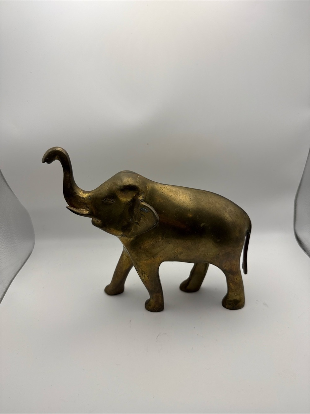 Vintage Full Brass Elephant Figurine Statue Trunk Up Appx 7.5” H 9” L 2.5” W Art
